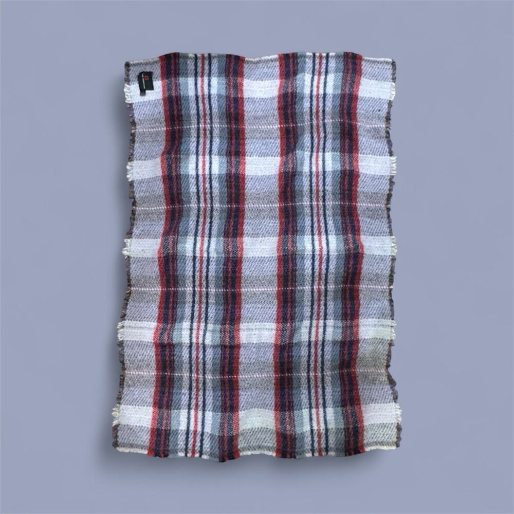 47X34 English Heritage 100% Wool Fringed Plaid Blanket Blue Red Gray Couch Throw